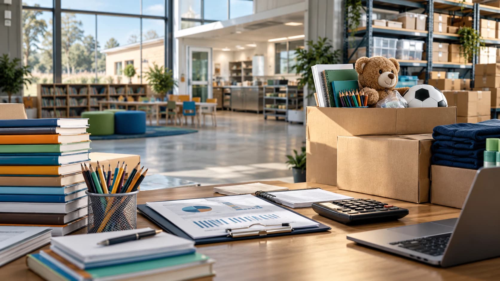Concept image: procurement planning and budget control in a welfare and education organisation — budget reports and a calculator on the desk, with learning materials and supplies in the storeroom. Not a photograph of the organisation.