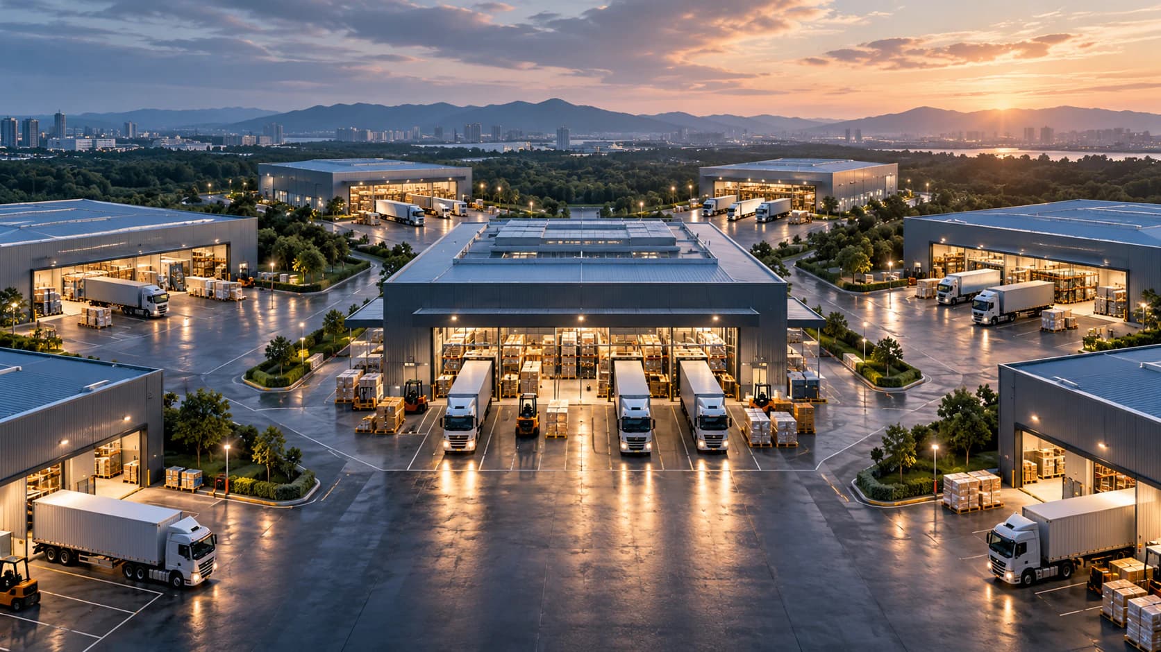 Concept image: one procurement hub and six destinations — a central building with six warehouses around it. Not a photograph of the customer's premises.