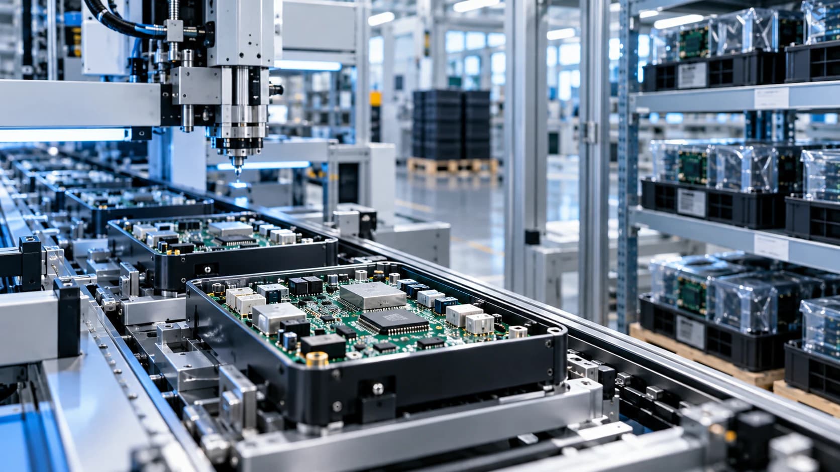 Concept image: an automated production line for protected electronic assemblies. Not a photograph of the customer's plant.
