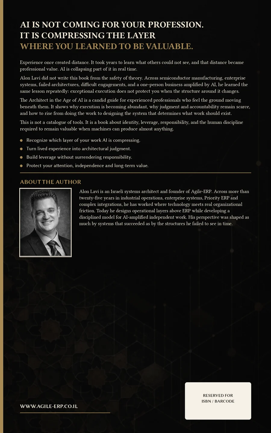 Back cover of The Architect in the Age of AI — headline, book description, four reader outcomes, and an author block with a photograph of Alon Lavi